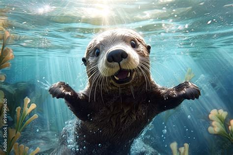 Cute Sea Otter Playing Underwater (Generative Ai) Stock Illustration ...