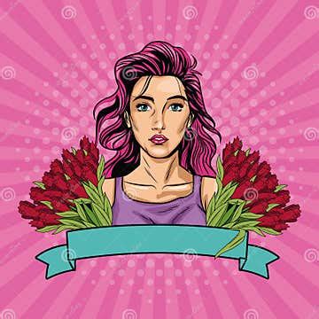 Woman Pop Art with Ribbon Banner and Flowers Stock Vector - Illustration of pretty, beauty ...