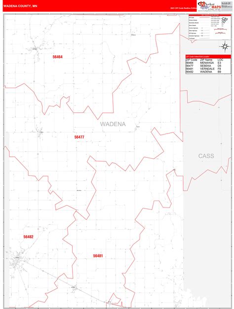 Wadena County, MN Zip Code Wall Map Red Line Style by MarketMAPS