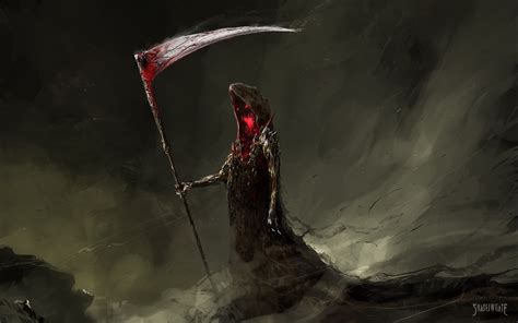 1080P, painting, Grim Reaper, dark, creature, drawing, red eyes, sickle ...