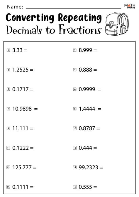 Converting Decimals Into Fractions Worksheets