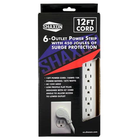 6 AC Outlet Flat Plug Power Strip, Surge Protected, 12 Foot Cord, White ...