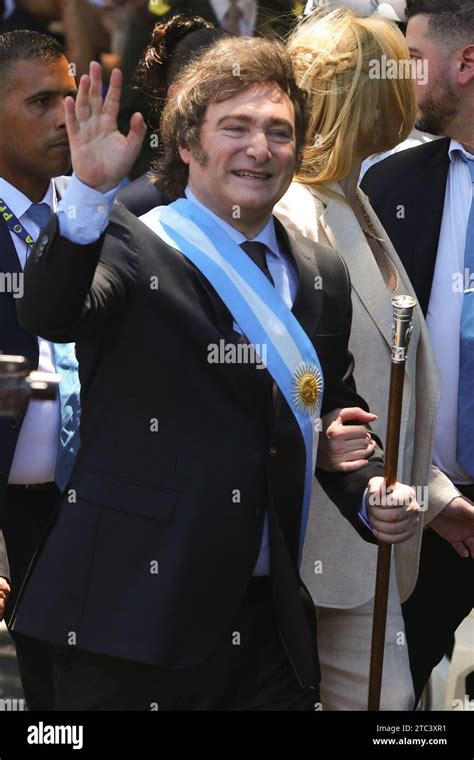 Buenos Aires, Argentina. 10th Dec, 2023. Javier Milei walks greeting his supporters on his way ...