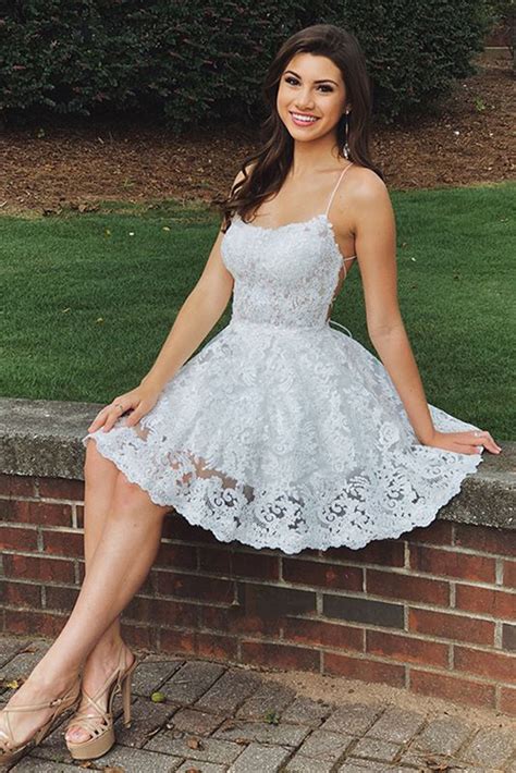 A Line Backless Lace White Homecoming Dresses Short Prom Dresses, Whit – abcprom