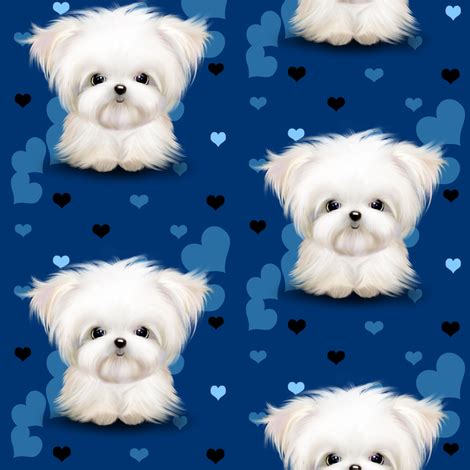 Maltese royal blue and hearts fabric - catialee - Spoonflower