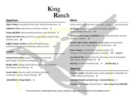 Menu at Mill Creek Grill At The King Ranch restaurant, Frenchtown