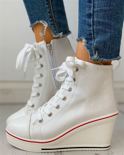 Eyelet Lace-Up Platform Wedge Sneakers