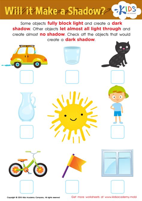 Will It Make a Shadow? Worksheet for kids