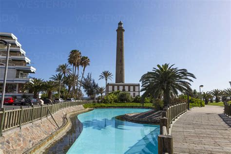 Spain, View of lighthouse at Maspalomas stock photo