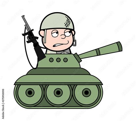 Sitting in Battle Tank and Shooting - Cute Army Man Cartoon Soldier Vector Illustration Stock ...