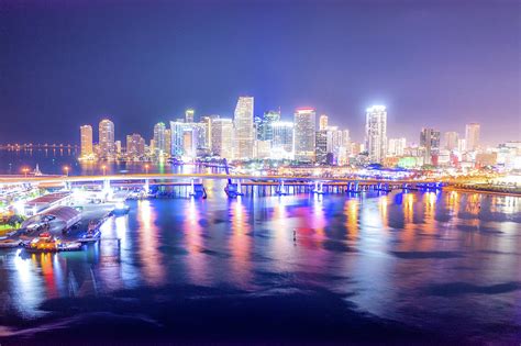 Aerial Miami skyline night long exposure in Miami Beach and MacArthur ...