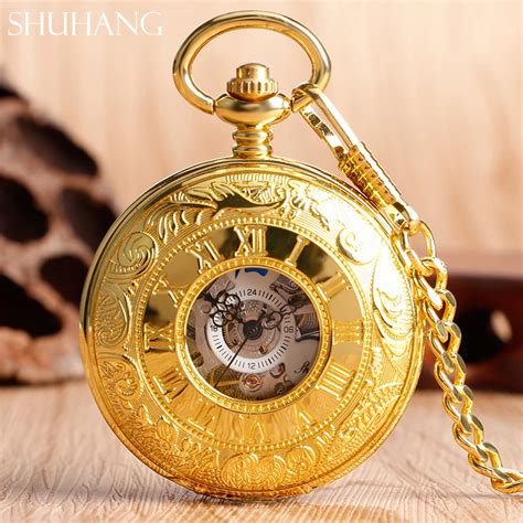 SHUHANG Vintage Antique Gold Pocket Watch Chains Mechanical Clock Hand Wind Hollow Watches Gift ...