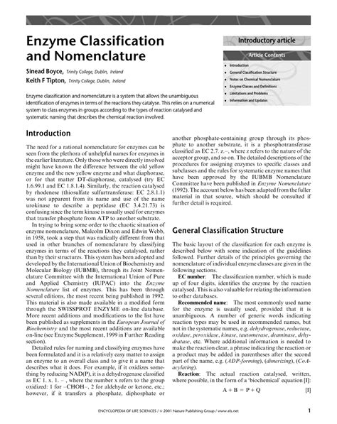 (PDF) Enzyme Classification and Nomenclature