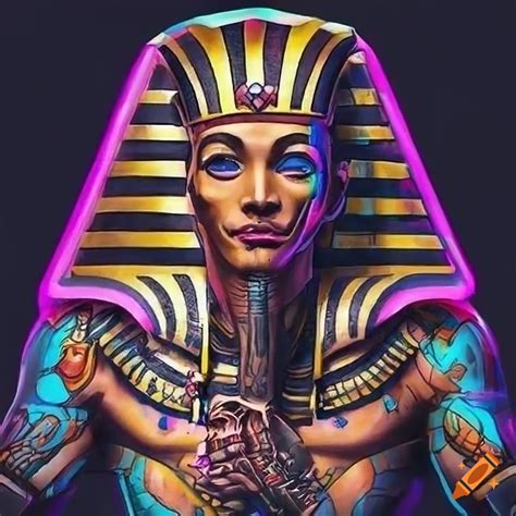 Cyberpunk pharaoh with vibrant tattoos on Craiyon