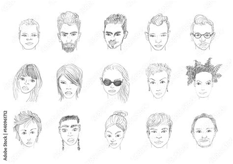 People faces pencil drawing. Men and women faces hand drawing cartoon ...