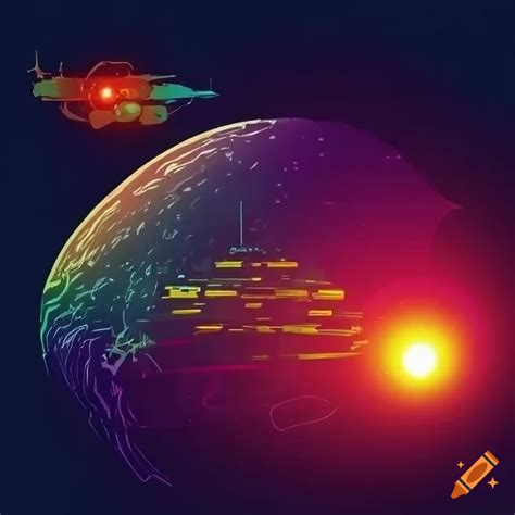 Digital art of a futuristic space station by a colorful alien planet concept art