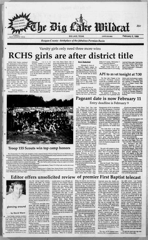 The Big Lake Wildcat (Big Lake, Tex.), Vol. 64, No. 5, Ed. 1 Thursday, February 2, 1989 - The ...