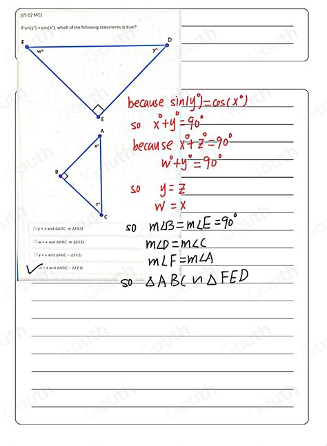 Solved: (05.02 MC) If sin (y°)=cos (x°) , which of the following statements is true? y=x and ABC ...