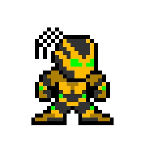 an old school pixel art style character with green eyes and yellow body ...