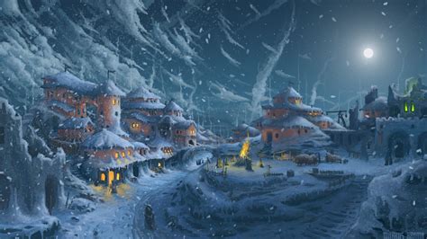 artwork, Painting, Architecture, Building, Fantasy art, Digital art, Winter, Snow, Moon, Night ...