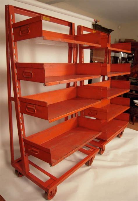 PAIR OF ORANGE METAL INDUSTRIAL ADJUSTABLE STORAGE SHELVES at 1stDibs ...