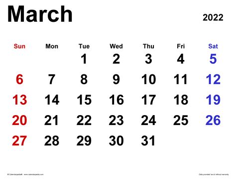 March 2022 Calendar | Templates for Word, Excel and PDF