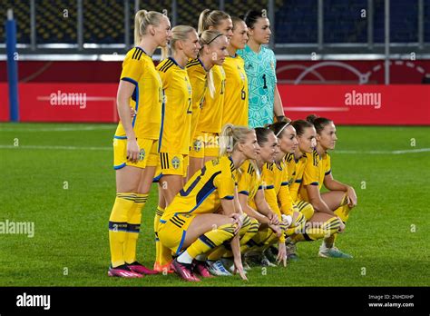 Sweden's players pose for a team photo ahead of the women's ...