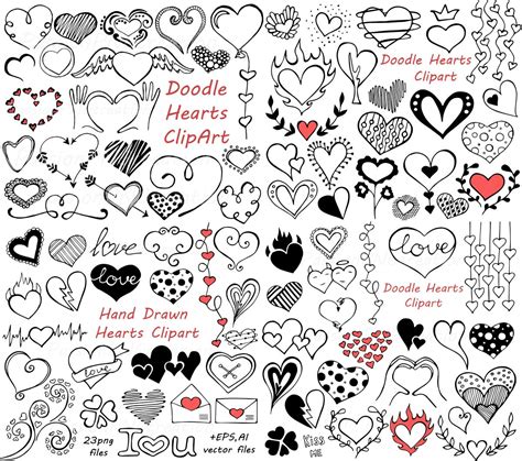 BIG SET of Doodle Hearts Clipart Heart clip art Digital