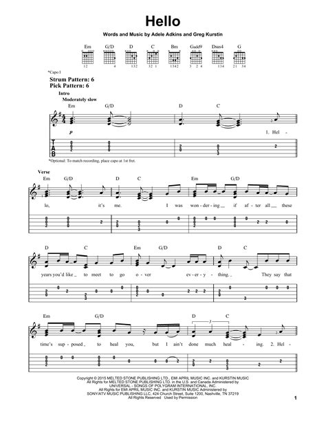 Hello sheet music by Adele (Easy Guitar Tab – 162228)