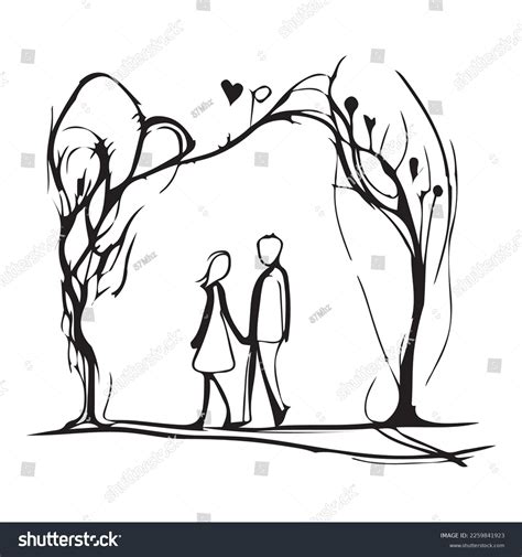 Illustration Silhouette Lovers Holding Hands Sketch Stock Vector ...