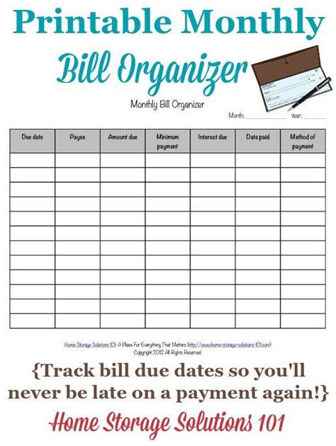 Printable Monthly Bill Organizer To Make Sure You Pay Bills On Time | Bill organization, Bill ...