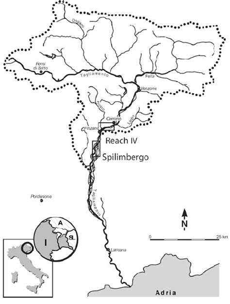 Catchment map of the Tagliamento River. Inset shows the location of the ...