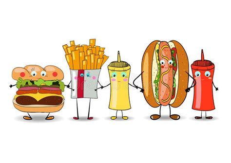 Colorful Takeaway Cartoon Food, a Cheeseburger, Hot Dog, French Stock Vector - Illustration of ...