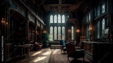 Gothic, interior of large library with many bookshelves, gothic reading room with desks, old ...