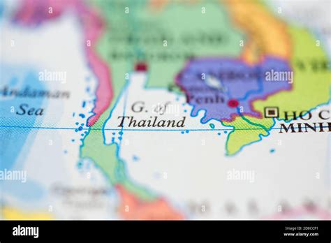 Shallow depth of field focus on geographical map location of Gulf of ...