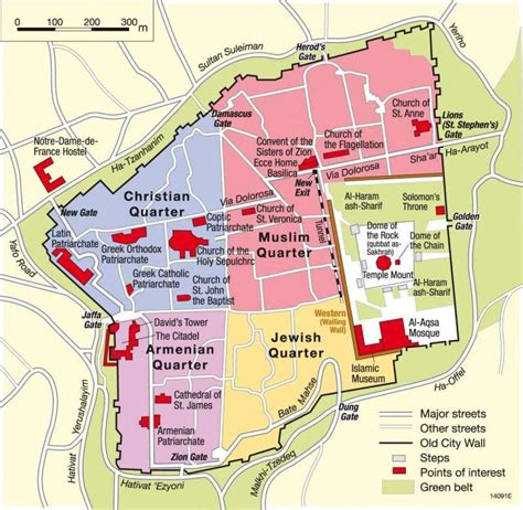 Jerusalem quarters map - Four quarters of Jerusalem map (Israel)