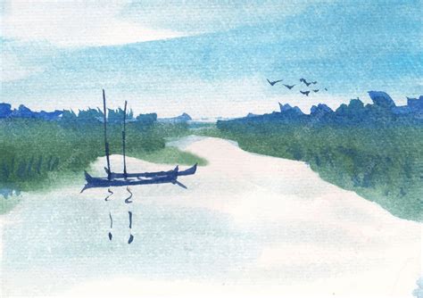 Premium Vector | Canal in village with boats watercolor landscape