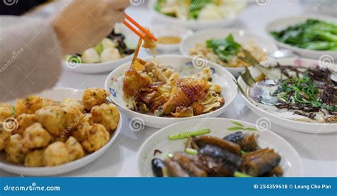 Chinese family dinner home stock photo. Image of meat - 254359618