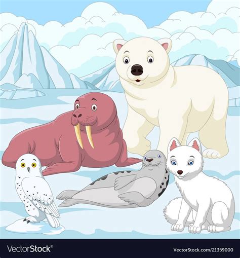 Cartoon arctic animals with ice field background vector image on | Arktyka, Zwierzęta, Pingwiny