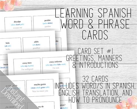 Learning Spanish Card Set 1 Printable Word and Phrase Cards | Etsy