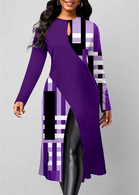 Plaid Split Purple Round Neck Long Sleeve Blouse | Rosewe.com - USD $33.98