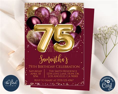 75th Birthday Invitation Template Burgundy and Gold Birthday - Etsy