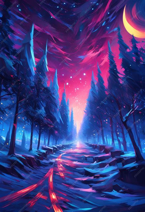 Premium AI Image | A painting of a forest with a moon and stars on the sky.