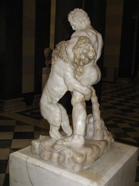 Hercules (Heracles) slaying the Nemean lion, Roman statue (marble), copy of Greek original by ...