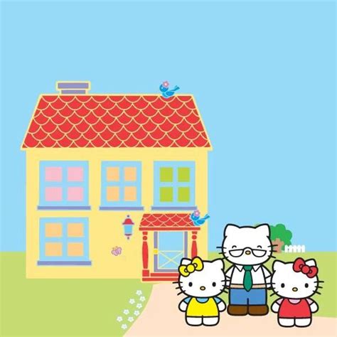 the hello kitty family is standing in front of their house