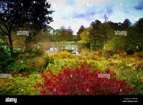 English country garden scene in autumn with lake and red and plants illustration like oil ...