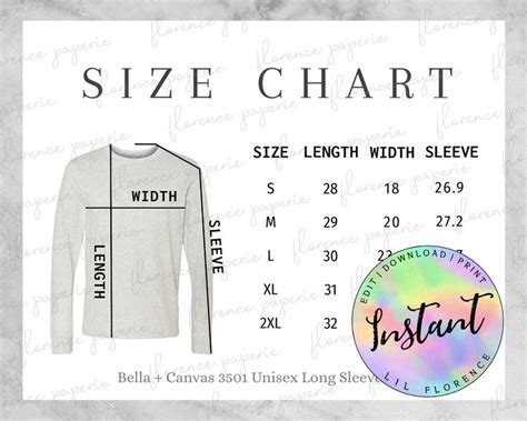 Bella Canvas 3501 Size Chart, Unisex Long Sleeve Tee Size Chart, Bella ...