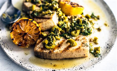 Grilled Swordfish Steaks with Olives and Herbs - Killing Thyme