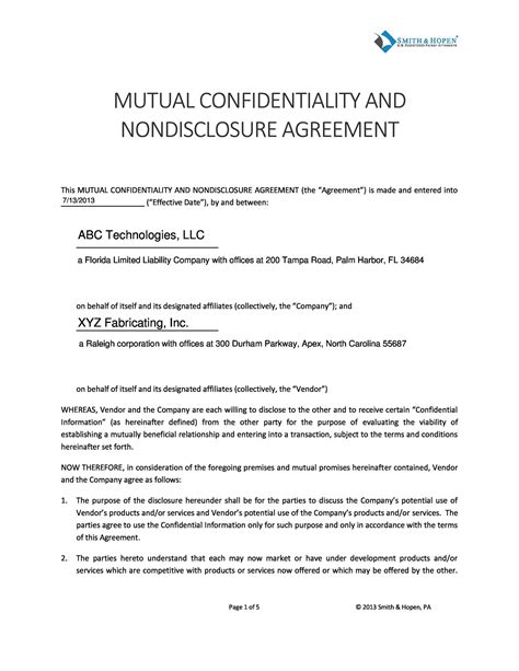 Template Non Disclosure Agreement