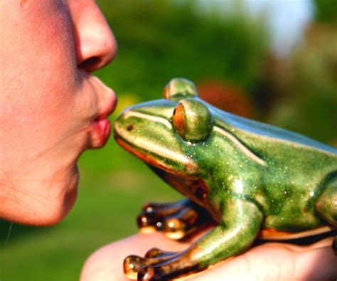 a woman kissing a green frog on the nose